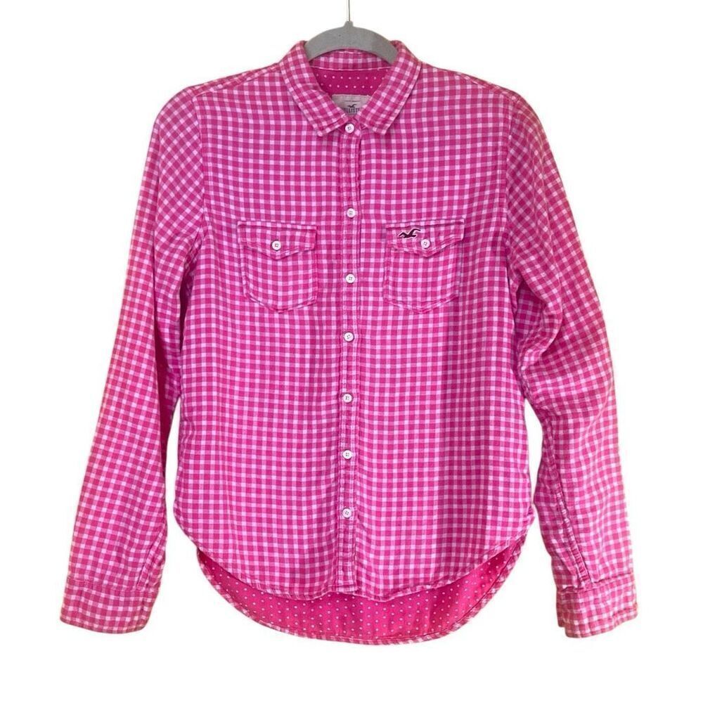Hollister Pink & White Gingham Checked Flannel Button Up Picket With Logo Vintag